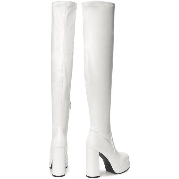 Women's White Polyurethane (PU) Square Toe Over The Knee Thigh High Long Boots - Picture 4 of 6